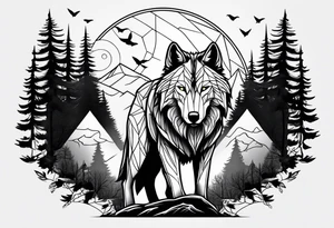 un lobo con tres lobos pequeños y un bosque tattoo idea