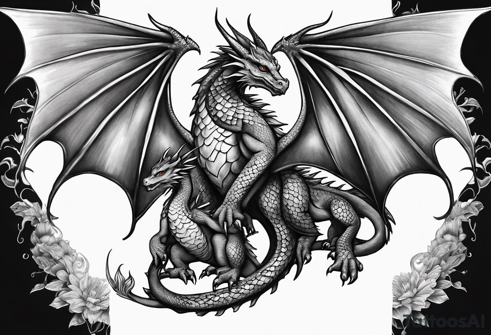 Mother dragon wings spread with 3 baby dragons tattoo idea Mother dragon wings spread with 3 baby dragons tattoo idea