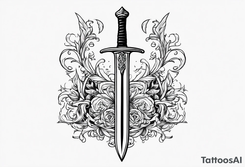 Sketch of a sword in gothic style with added creepy elements and the inscription “get rich” tattoo idea