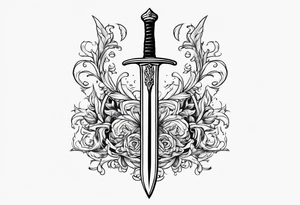 Sketch of a sword in gothic style with added creepy elements and the inscription “get rich” tattoo idea