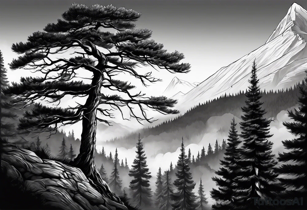 Full back tattoo ancient pine tree Forrest tattoo idea