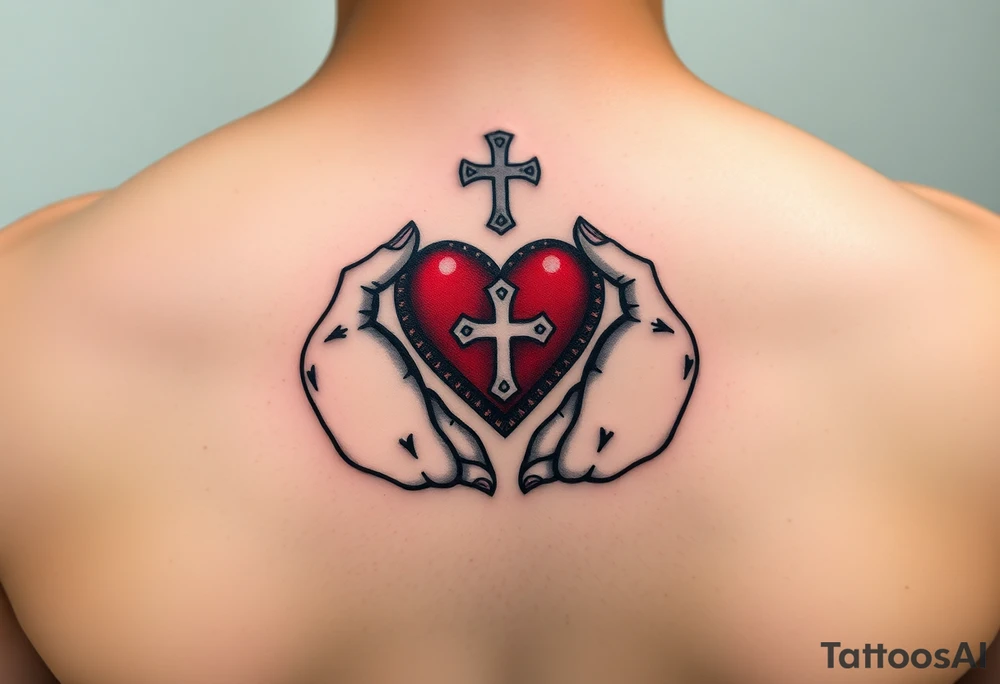 claddagh with hands holding a red heart with 
a celtic cross tattoo idea