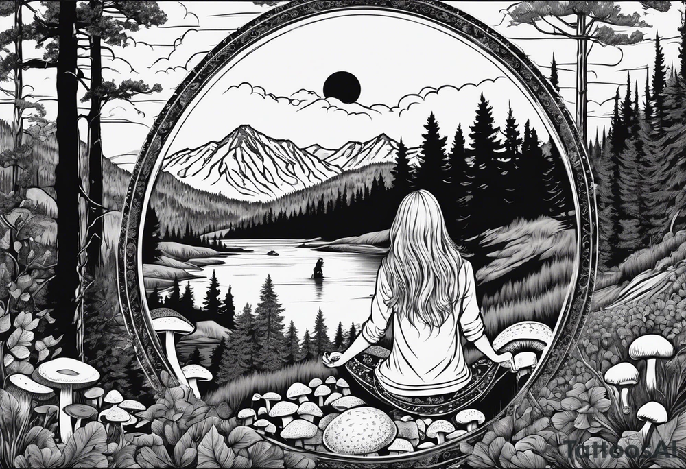 Whole picture encircled fully

Straight long blonde hair hippie girl in distance holding mushrooms in hand facing away toward mountains and creek surrounded by mushrooms long sleeve shirt and hiking pants; whole rendering within a full circle, no cut off circle tattoo idea
