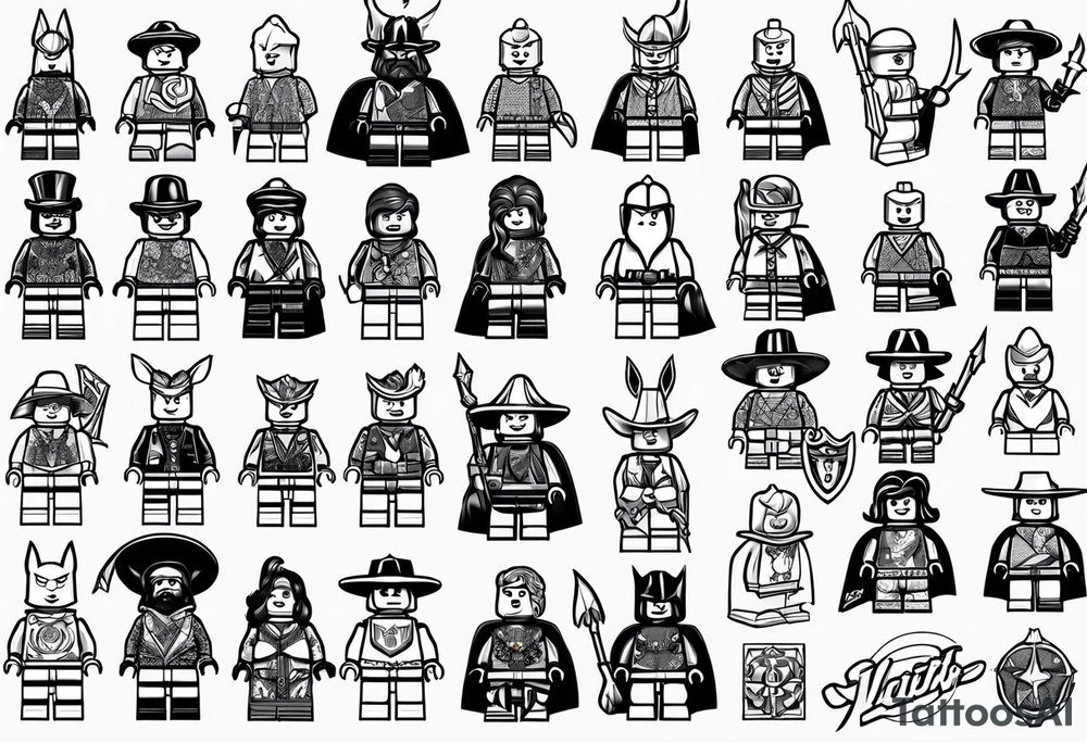 Variety of Lego minifigures traditional style flash sheet tattoo idea