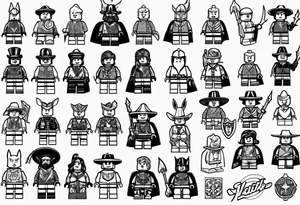 Variety of Lego minifigures traditional style flash sheet tattoo idea