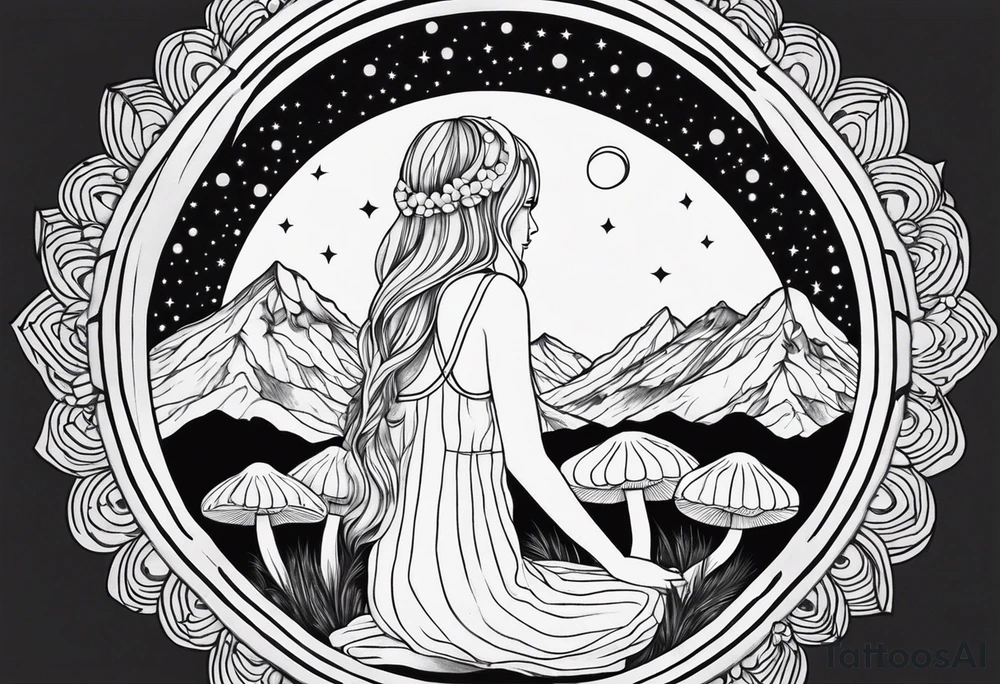 Straight blonde hair girl meditating facing away toward mountains surrounded by mushrooms crescent moon mandala circular design black and white striped dress tattoo idea