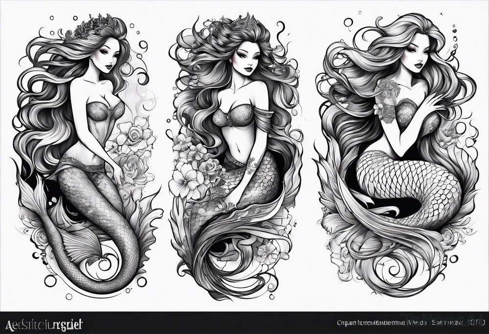 sexy full bodied mermaid with long 
flowing tail and hair, tattoo sleeve tattoo idea
