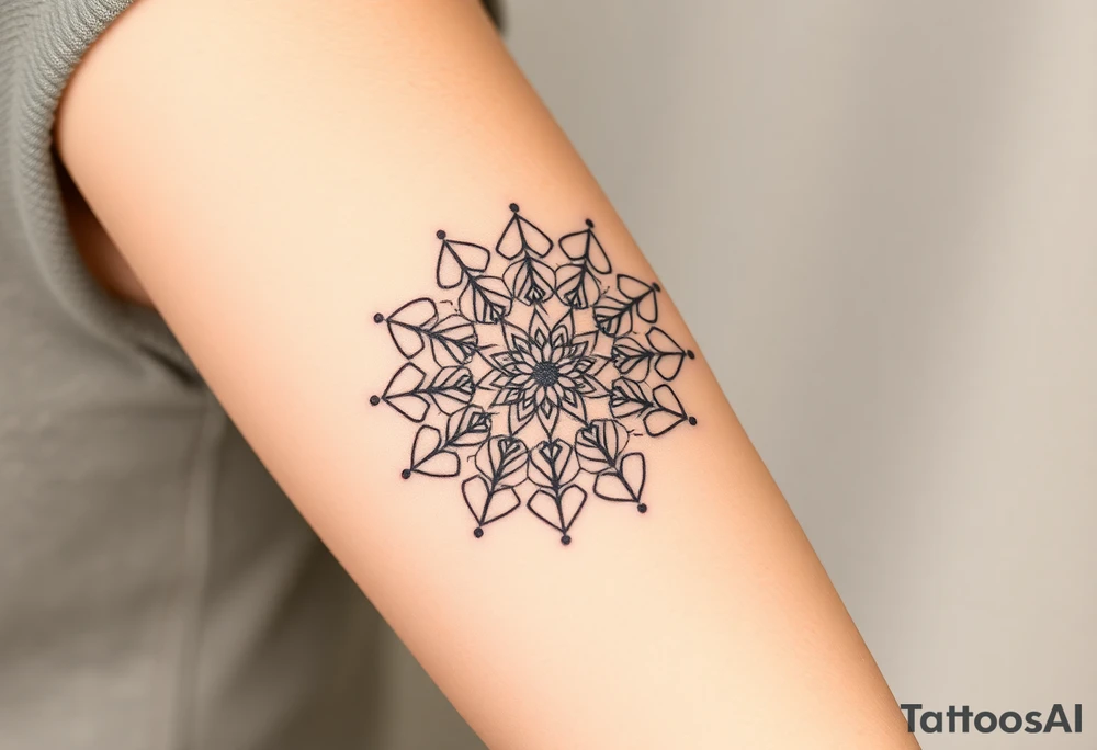 simple, fine-line tattoo, sacred geometry mandala, centerpiece design, dotwork patterns, radiating geometry, symmetrical mandala, geometric shapes, intricate dotwork, sacred patterns, mandala center, geometric radiating, fine line work, black grey shading, minimalist design, no outlines, arm placement, delicate linework, precise geometry, clean symmetry, sacred symbols, geometric precision, dotwork details, mandala focal point, refined patterns, understated complexity, geometric harmony tattoo idea