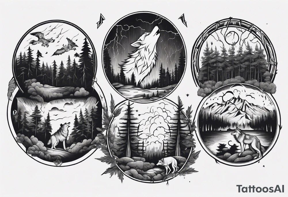 a thunder and lightning storm over a forest with a distant wolf howling and a drum circle tattoo idea