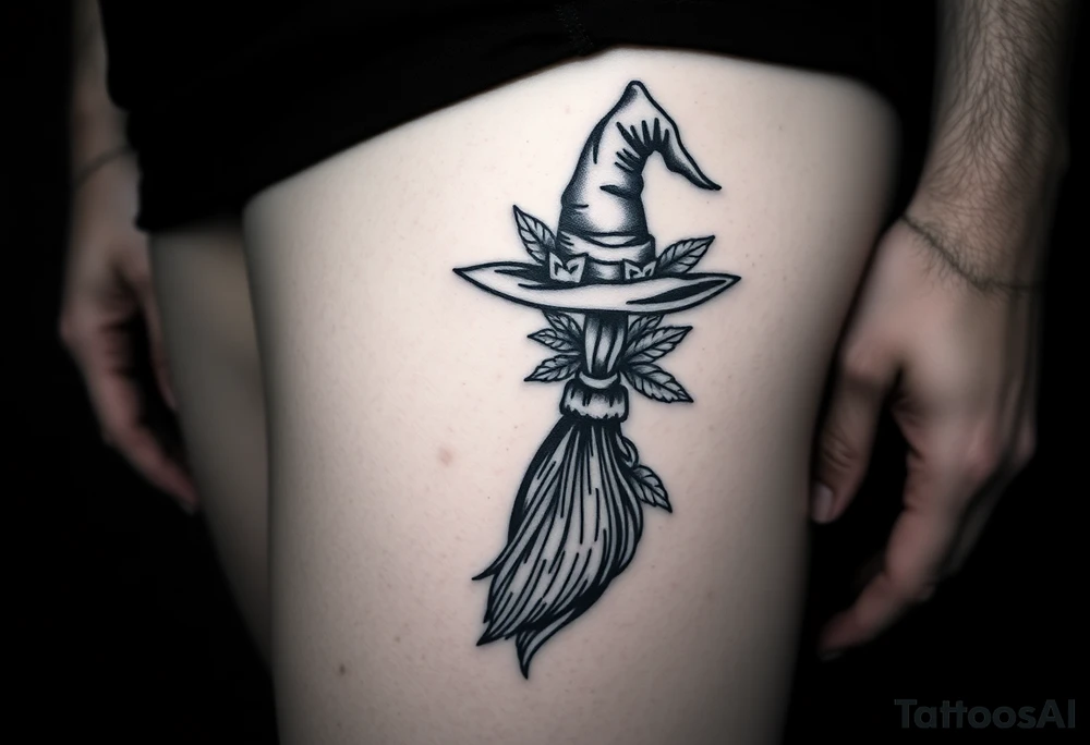 Which is broom with handle
 a witches hat with leaves tattoo idea