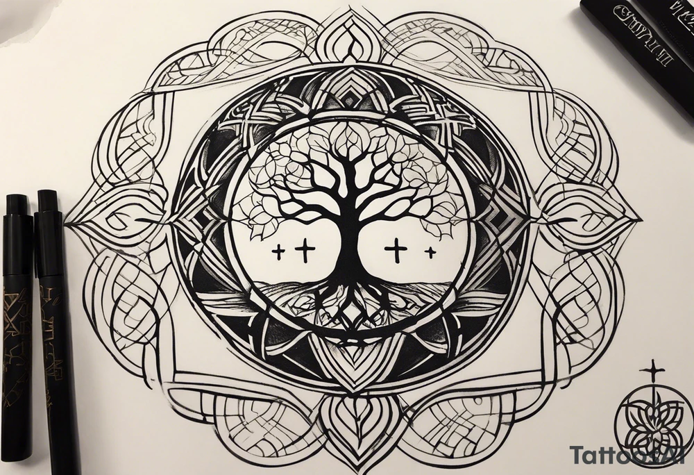 Preliminary Information: The structure of the tattoo design will start from the bottom and continue vertically. Use fine lines, black coloring and shading when needed, and microrealism style. 
The idea is to tell the story of my life. Start with the sacred geometry tree of life, with a modern style, to represent my birth. Then above it, an old cross, old boxing gloves hanging down, and the word “Obedience” in fine line writing tattoo idea