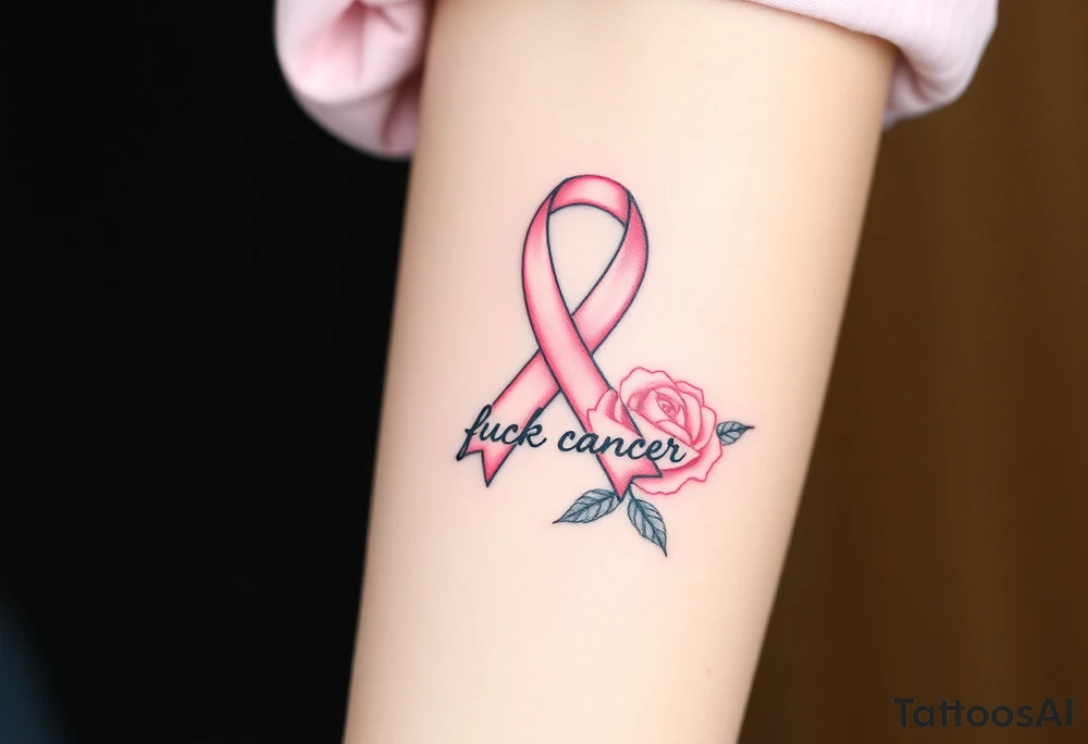 Pretty pink Cancer ribbon that says "fuck cancer"with light pink roses tattoo idea
