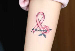 Pretty pink Cancer ribbon that says "fuck cancer"with light pink roses tattoo idea