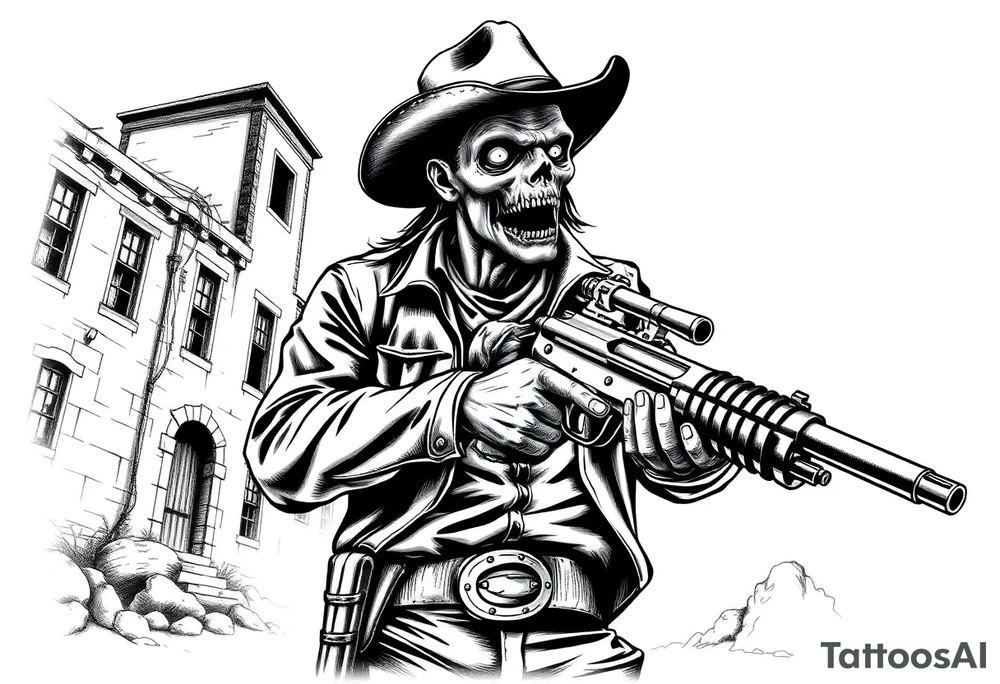 zombie in cowboy-clothing,old buildings,big gun. tattoo idea