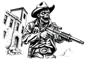 zombie in cowboy-clothing,old buildings,big gun. tattoo idea