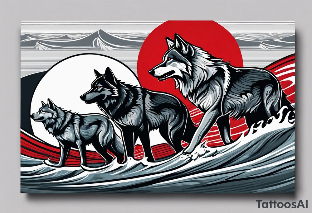 a pack of 3 howling muscular  gray wolves surfing waves with a linear background with red, white and black and gray tattoo idea