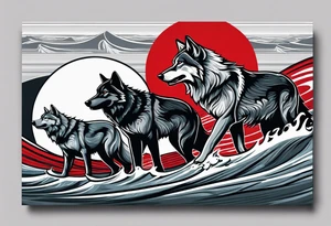 a pack of 3 howling muscular  gray wolves surfing waves with a linear background with red, white and black and gray tattoo idea