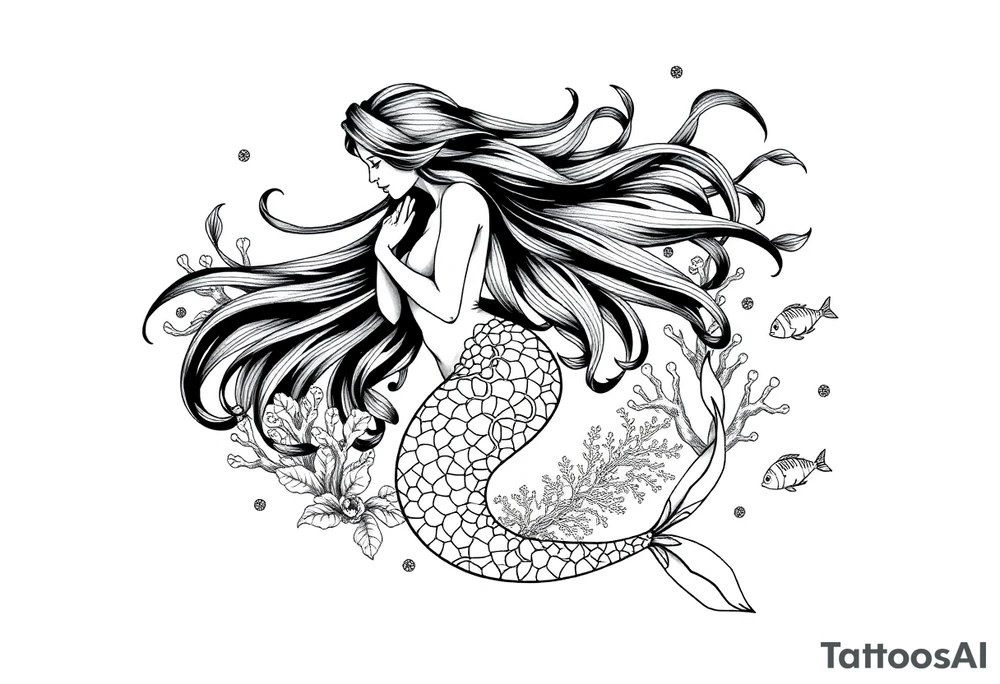 ethereal mermaid with flowing hair among coral reef and small fish tattoo idea