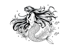 ethereal mermaid with flowing hair among coral reef and small fish tattoo idea