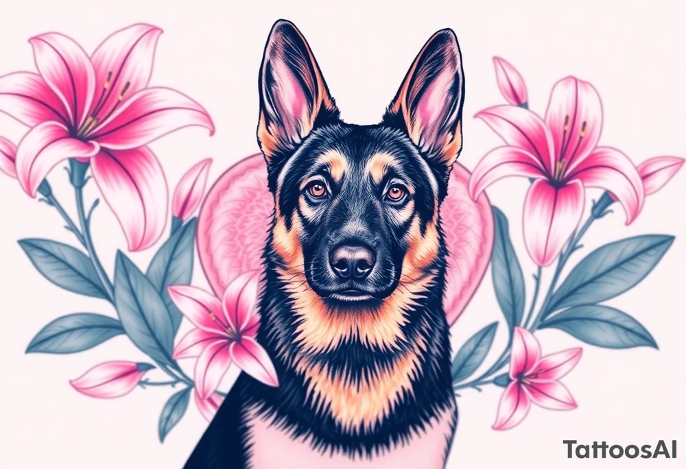 strong looking short haired german shepherd with alert ears surrounded by pink lilies with large leaves in front of a sacred heart tattoo idea