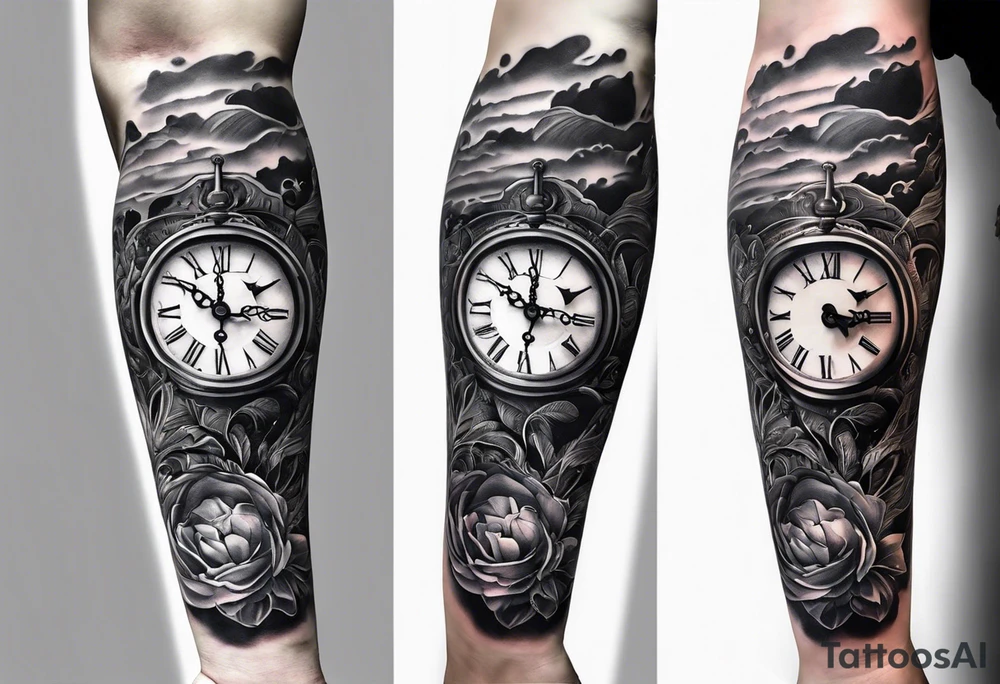 forearm sleeve, clock, stairs tattoo idea