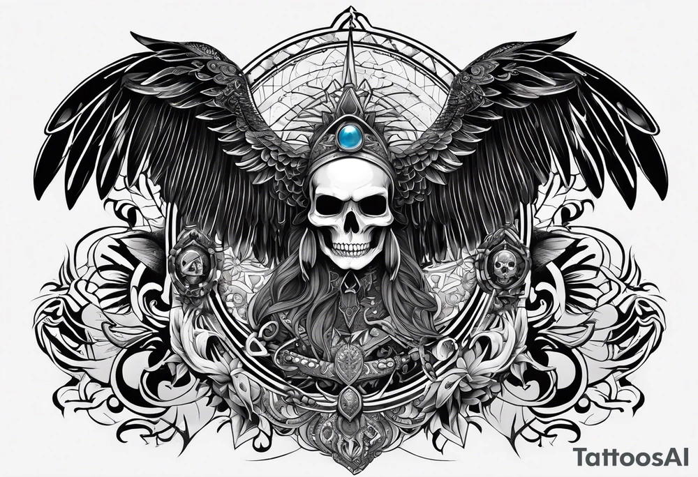 black kali, goddess pirate, alien, pachamama, valkrye, warrior, skull, lotus azul, wing, eagle, zenza resonance, stars, 5D tattoo idea