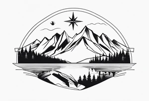 rocky mountains, compass, lake, reflection, linear tattoo idea