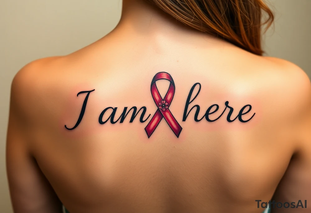 ‘I am here’ with breast cancer pink ribbon as I with Hawaiian theme tattoo idea