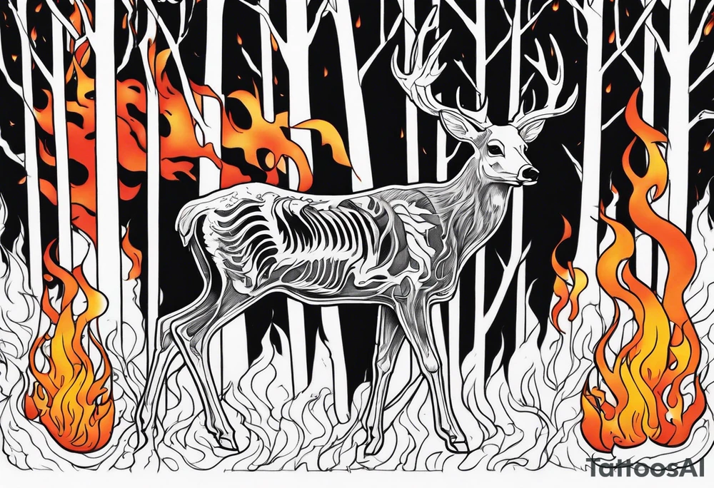 side view of a deer humanoid skeleton JUST BONE surrounded by a flames and trees tattoo idea