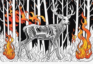 side view of a deer humanoid skeleton JUST BONE surrounded by a flames and trees tattoo idea