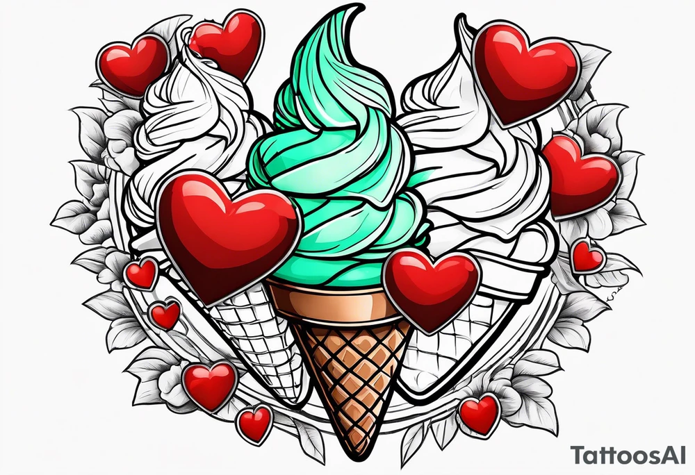 mint chocolate chip ice cream cone with small red heart on it somewhere. tattoo idea