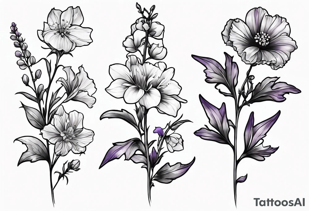 Simple Tattoo of florals of larkspur with stem, carnation with stem, violet, with stem, daisy with stem tattoo idea