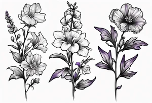 Simple Tattoo of florals of larkspur with stem, carnation with stem, violet, with stem, daisy with stem tattoo idea