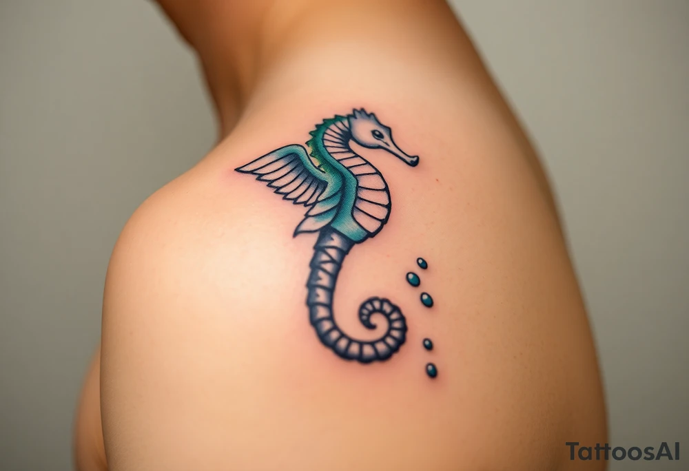 A seahorse with angelic wings in soft pastel blues and whites, leaving a sparkling trail of bubbles tattoo idea