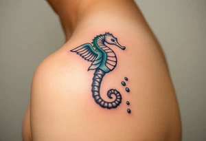 A seahorse with angelic wings in soft pastel blues and whites, leaving a sparkling trail of bubbles tattoo idea