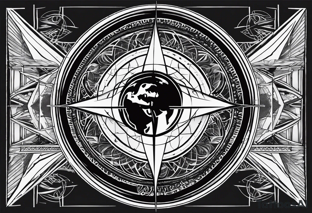 The topic should be travellig the world. The centre should be a minimal compass, maybe combined with the world. The background should be designed with thin lines. It is located at the upper back of a man tattoo idea