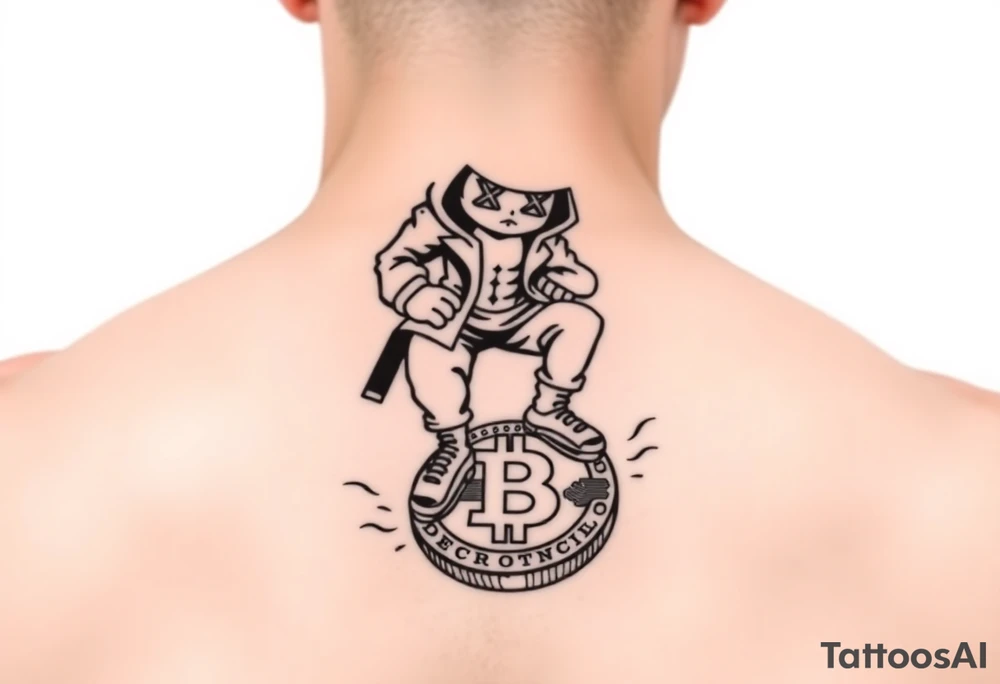 Create a custom neck tattoo stencil Use a street-art / pop-art vibe (cartoon figures, bold lines, X-ed out eyes). Have the main character stepping on a bitcoin, make them in todays street designer fashion if possible tattoo idea