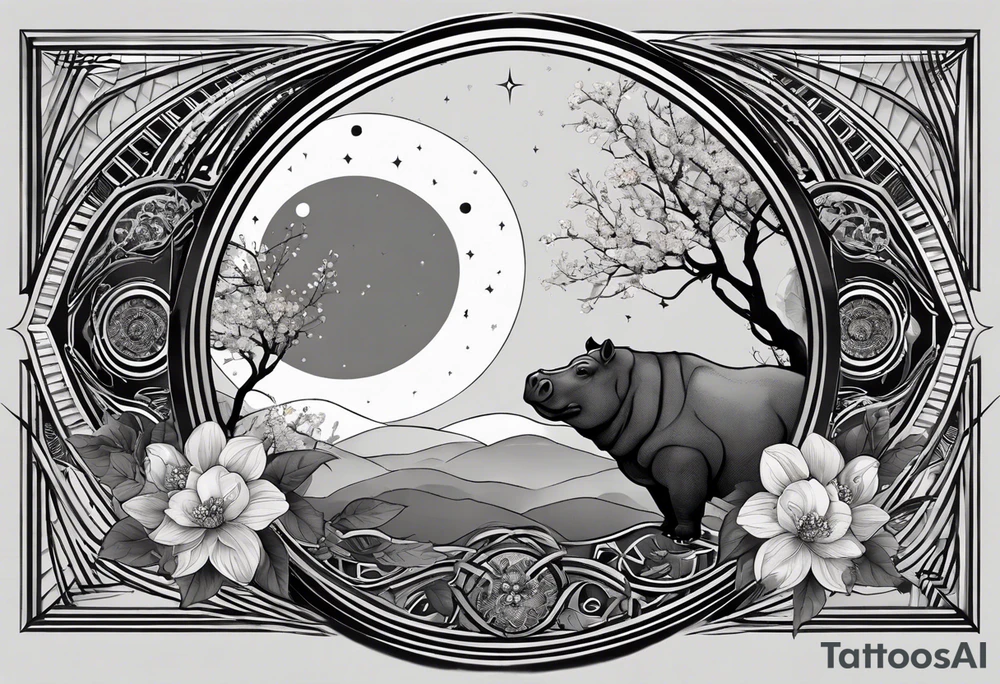 Very asymmetrical, +geometric pattern, with realistic full moon, with hippo,+tribal, +geometric, +inkart , +blackwork, +grey scale, + sketch
with wintersweet flower bud, +inkart touch, +for men, detailed , combined favourite , tattoo idea