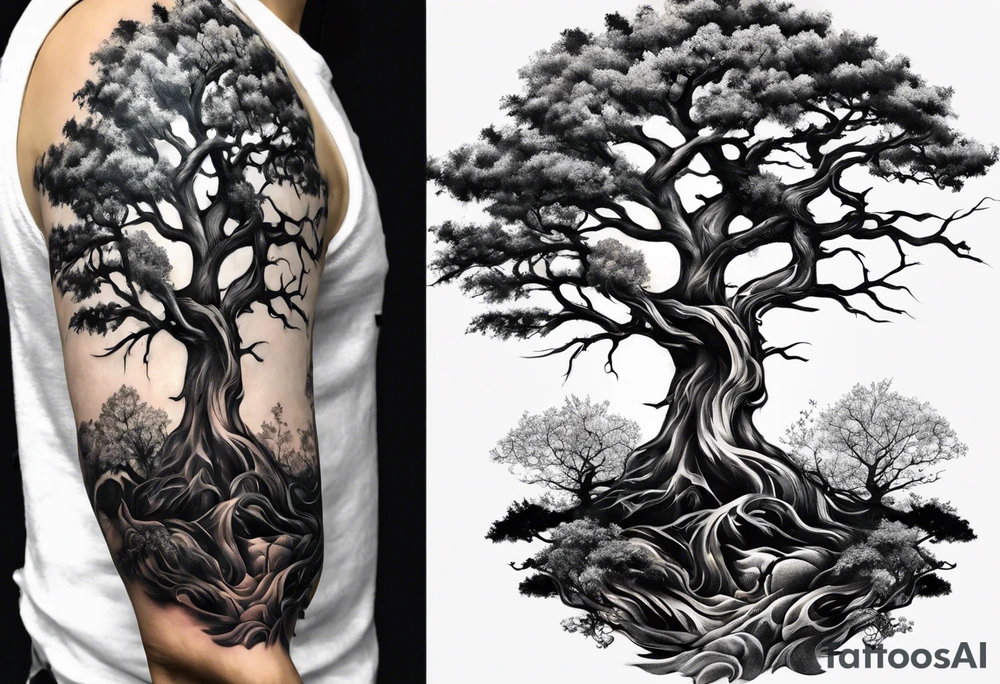 Tree with deep roots, full sleeve tattoo idea