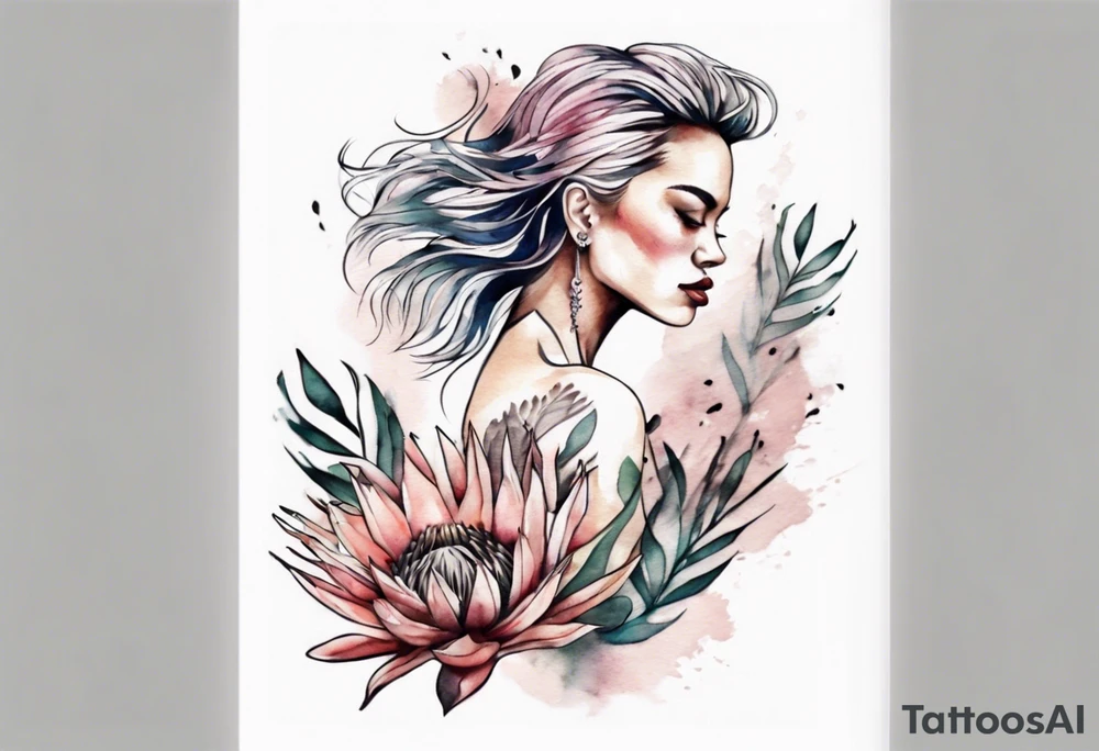 Very feminine tattoo with a woman dancing in a wind of protea flowers tattoo idea