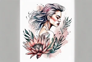 Very feminine tattoo with a woman dancing in a wind of protea flowers tattoo idea