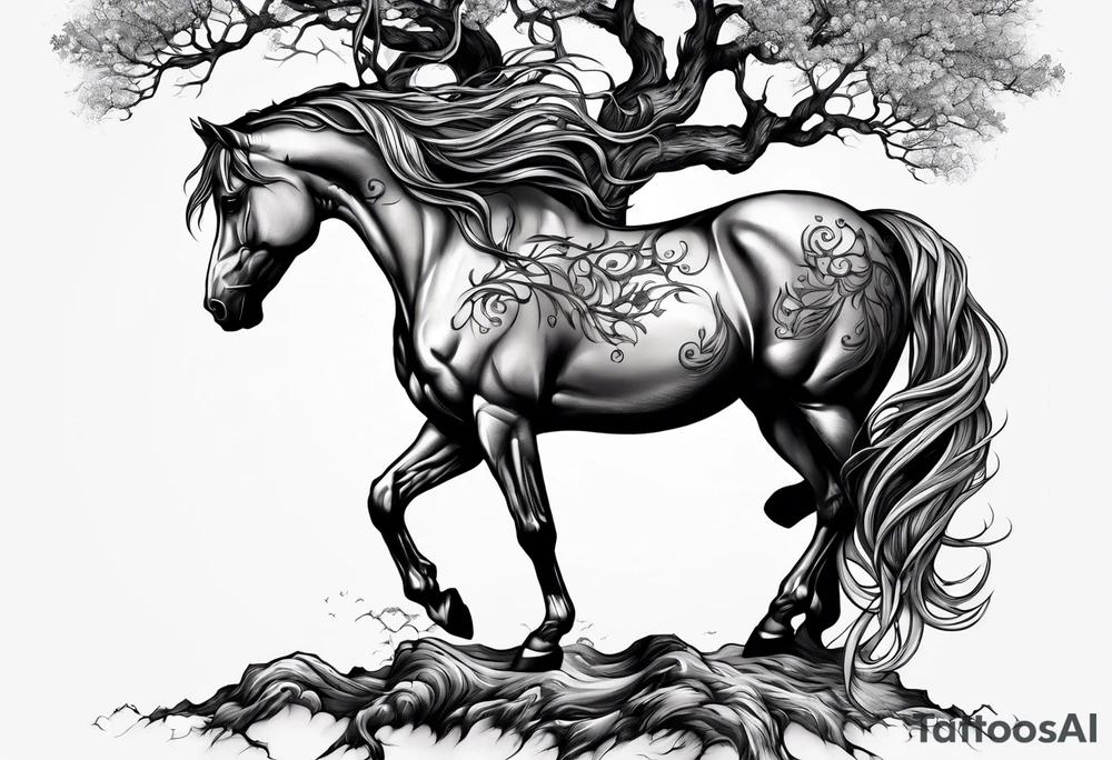 Realistic Horse and Yggdrasil tree tattoo idea