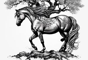 Realistic Horse and Yggdrasil tree tattoo idea