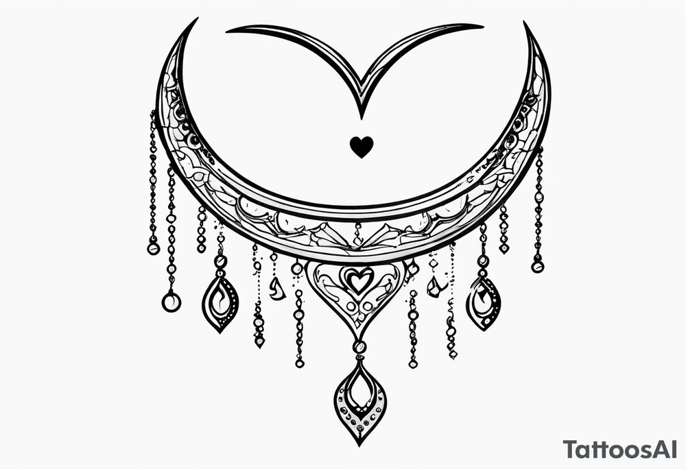 Crescent moon with heart shaped jewels dangling from the bottom of it tattoo idea