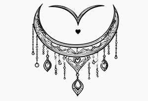 Crescent moon with heart shaped jewels dangling from the bottom of it tattoo idea