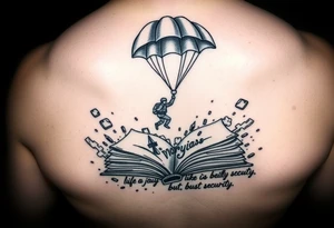 A parachuting soldier landing into an open book. Chaos surrounding, but a sense of security inside the book tattoo idea