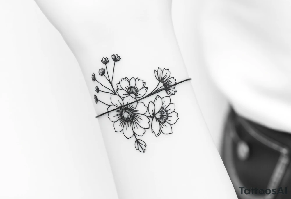 Feminine minimalist black and white bracelet/ cuff style with larkspur, peony and chrysanthemum flowers tattoo idea