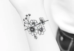 Feminine minimalist black and white bracelet/ cuff style with larkspur, peony and chrysanthemum flowers tattoo idea