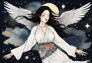 a beautiful 55 year old Dakota woman wearing a white tunic, flying in the night sky with black wings, tattoo idea