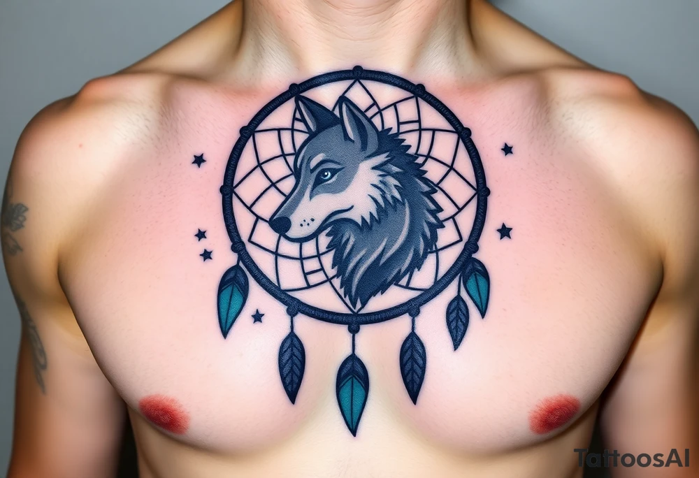 A wolf’s silhouette within a dreamcatcher, with stars scattered across the background. The wolf is shaded in black and gray, and the dreamcatcher is deep indigo with teal accents tattoo idea